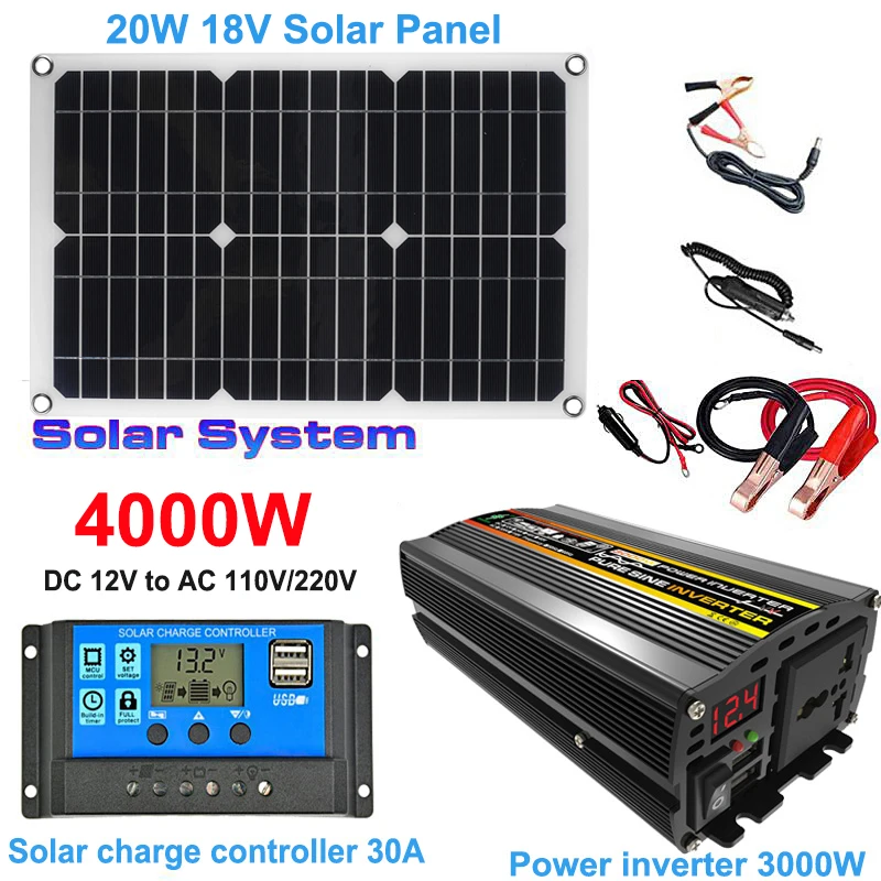 

110V/220V Solar Power System 20W Solar Panel 30A Charge Controller 4000W Pure Sine Wave Inverter Emergency Power Generation Kit