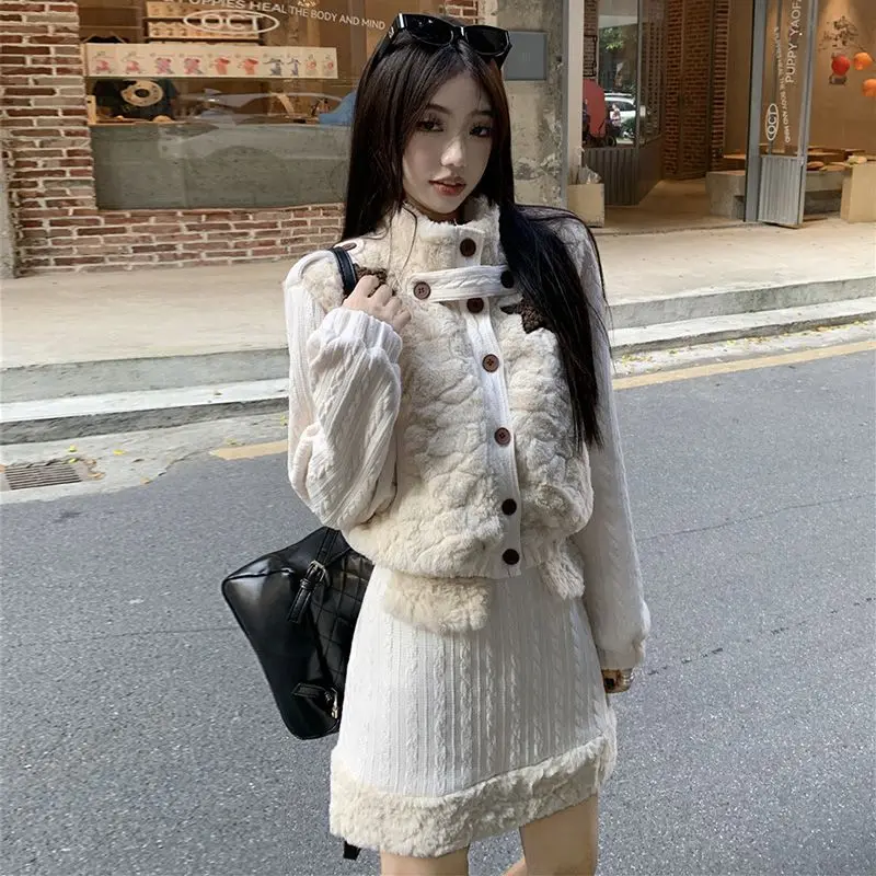 

Velvet Thickening Outfit Design Stand Collar Plush Coat Women's Autumn High Waist A-line Skirt Two-Piece