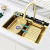 Gold Multifunctional Kitchen Waterfall Sink Digital Display Large Single Sink Dish Basin Sink 304 Stainless Steel 5