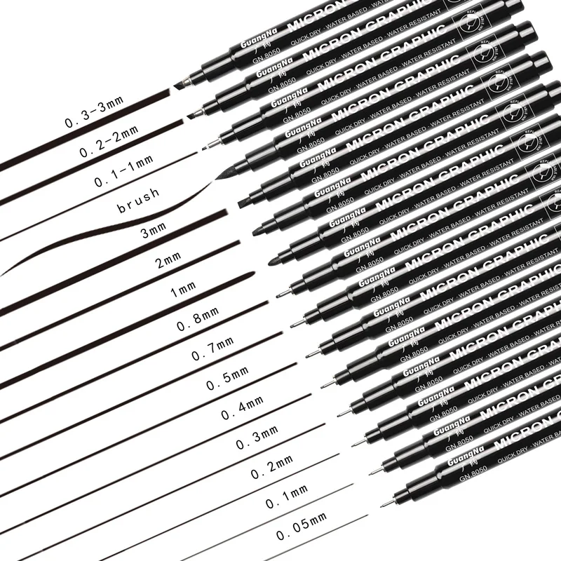 15pcs/set Waterproof Fade Proof Micron PenTip Fine Liner Black Sketch Water Marker Pen for Manga