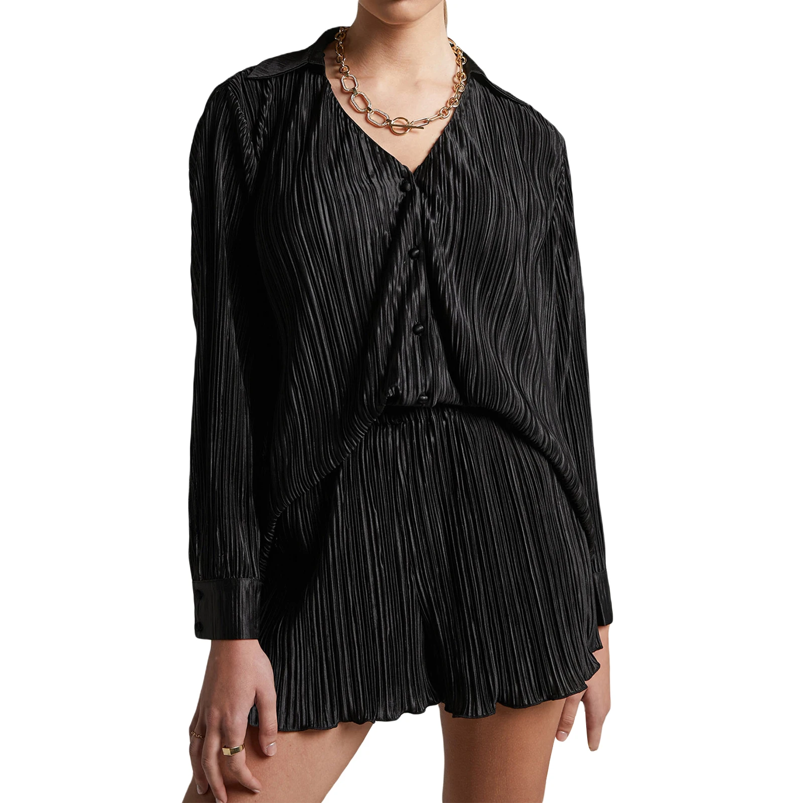 

Combhasaki Women 3PCS Short Pants Suit Casual Summer Lapel Long Sleeve Buttons Shirt + Elastis Waist Shorts + Inner Vest Bra