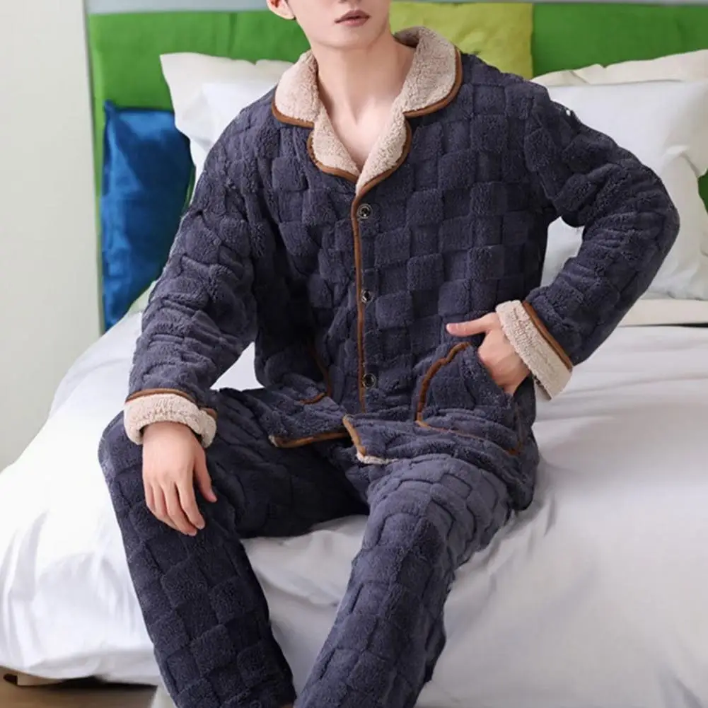 

Men Winter Loungewear Men's Winter Loungewear Plush Warm Coat Coral Fleece Pants Set for Cozy Homewear Men Plush Pajama Set