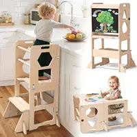 Foldable Wooden Kitchen Step Stool with Blackboard for Toddlers, Convertible Table Chair Set, Safe Gift