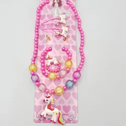 Handcrafted Unicorn Beaded Jewelry Set for Kids - Cute Animal Necklace, Bracelet, Ring, and Hair Clips for Little Princess Gifts (Fushia B)