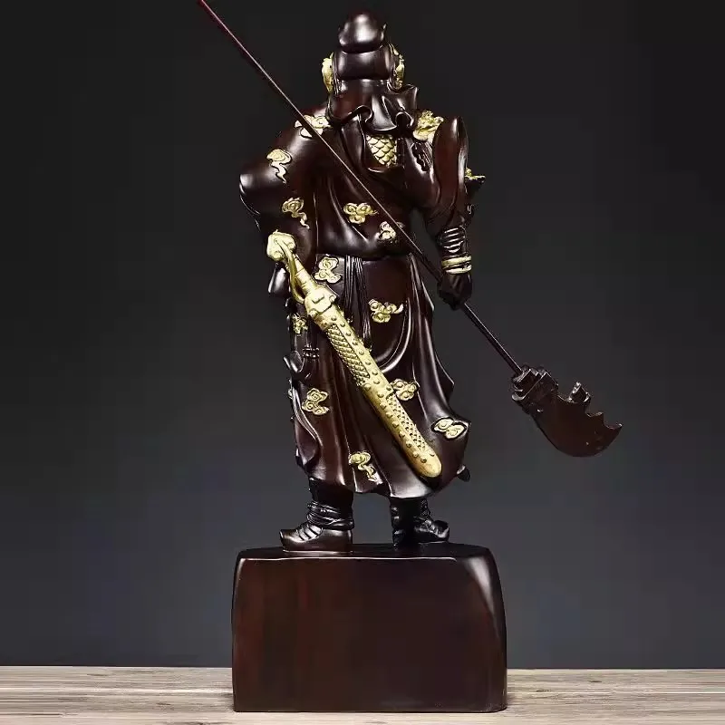 Large Ebony Wood Carving Guan Gong Statue - Chinese God of Wealth & Protection, Handcrafted Feng Shui Warrior Sculpture for Home