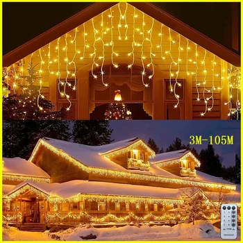 Street Garland On The House Winter 2026 Christmas Decoration 2025 Led Icicle Curtain Lights Outdoor Wedding Patio Party 220V EU