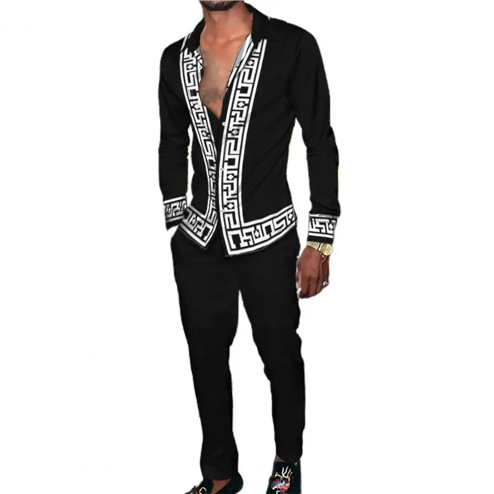 

2 Pcs/Set Men Pants Suit Digital Print Colorful Colorfast Full Length Pants Shirt Pants Set for Daily Wear