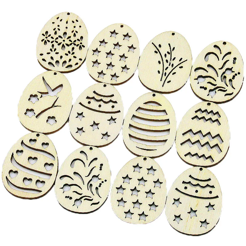 (50pcs/pack) 37*28mm Handmade Easter Wooden Egg Hollow Pendant Ornament Wall Sticker Holiday Romantic And Artistic Celebration