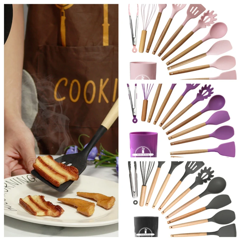 Food-grage silicone spatula soup spoon set wooden handle non stick household kitchenware cooking tool