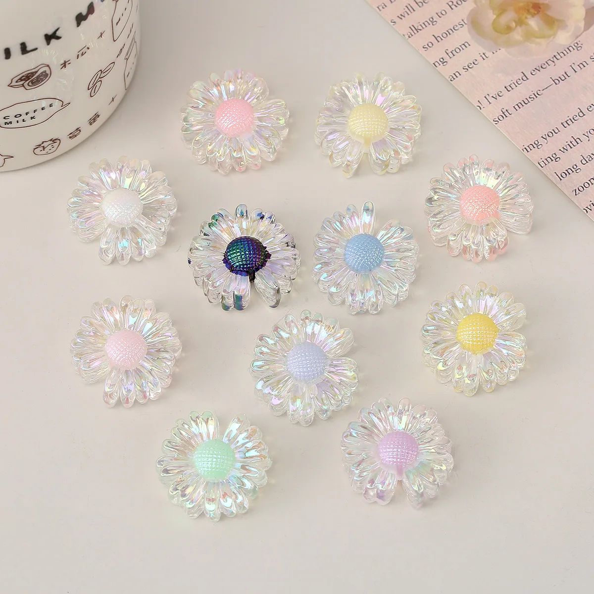 25mm 투명 컬러 도금 양면 데이지 아크릴 직선 구멍 비즈 DIY 키체인 휴대폰 체인 비딩 재료