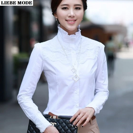 Camisa Formal de encaje con levantado para mujer, Blusa elegante de manga larga para oficina y trabajo, coreana, color blanco, otoño|Camisa| - AliExpress