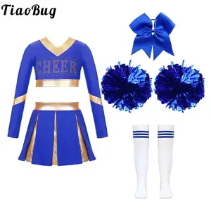 Kids Girls Cheer Leader Costume Outfit Carnival Dance Party Cheerleading Uniform with Pom Poms Stocks Schoolgirl Cheer Dancewear