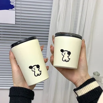 귀여운 강아지 커피 머그잔, 프로스트 스테인레스 스틸 보온병, 뚜껑이 달린 물병, 커플 동반 물컵, 여아용 선물