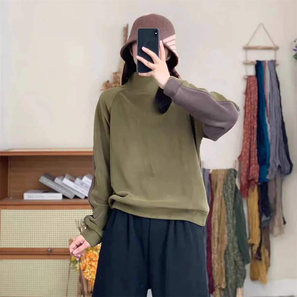Korean Version of Artistic and Casual Retro Style Thickened Half High Collar Double-sided Color Patchwork Raglan Sleeves Hoodie
