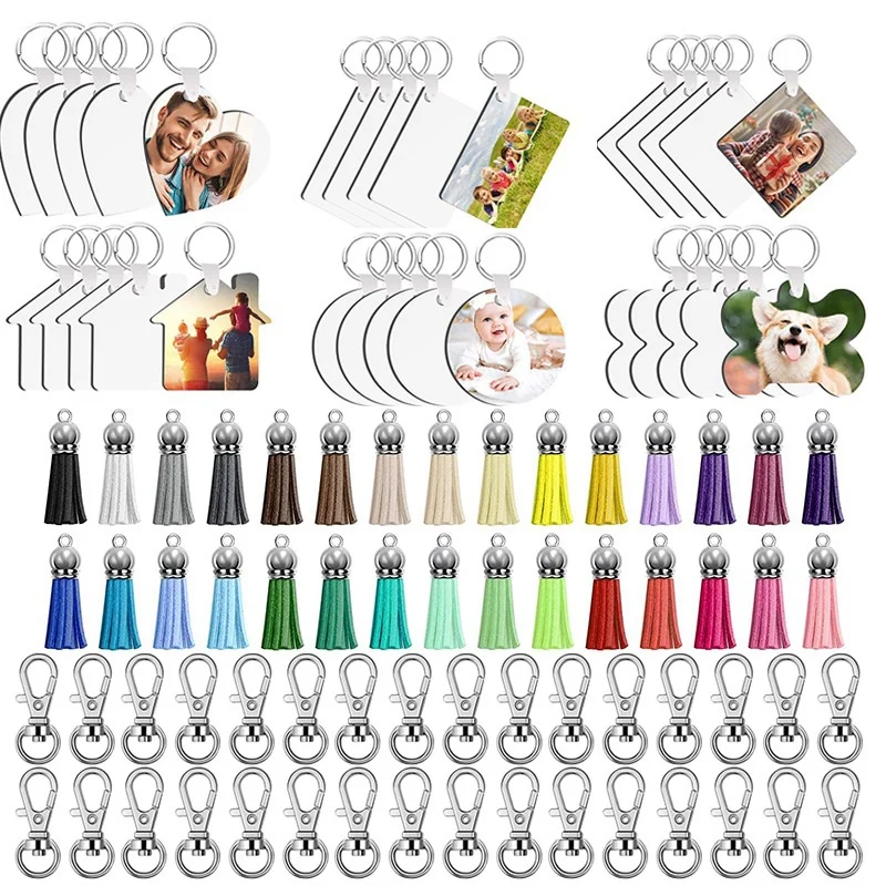 

90 Pieces Sublimation Blank Keychains Kits With Tassel Heat Transfer Keychain MDF Blank Keychain Blank DIY Keychain