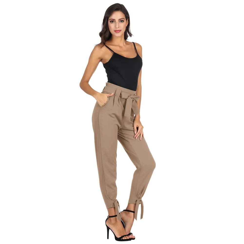 GK Women's Casual High Waist Belt Decorated Pencil Capri Pants With Bow-Knot Solid Summer Spring Streetwear Female Clothing