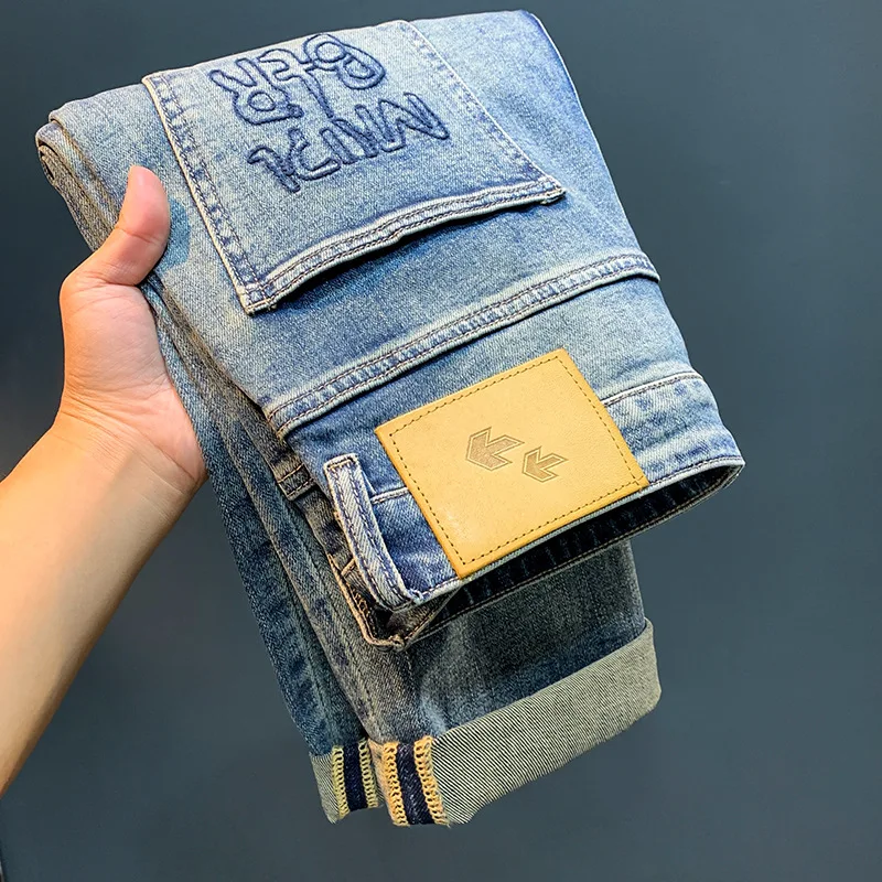 High-End Men's Jeans Summer Thin Trendy Embroidered Scratched Light Blue Stretch Casual Cropped Harem Pants