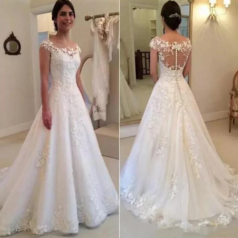Винтажное кружевное свадебное платье-трапеция Vestido De Noiva 2024, женское фатиновое свадебное платье