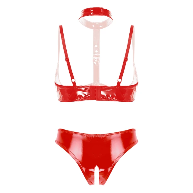 Women red open crotch bra + panty underwear bikini monokini