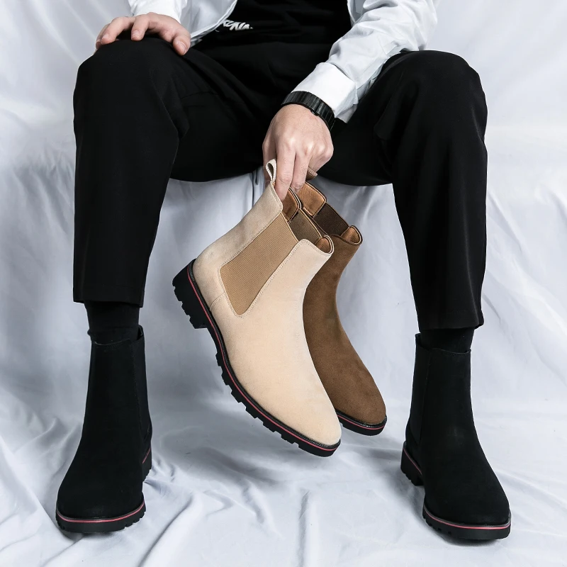 Men Vintage Fashion Chelsea Boots Reverse Fleece Leather One Step Pointed Business Men Walking Short Boots Size 38-46 Men Boots
