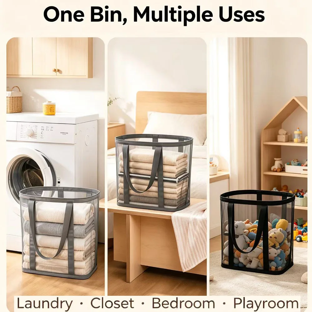 Foldable Mesh Laundry Basket with Reinforced Handle - Large Capacity Multi-Functional Storage Organizer