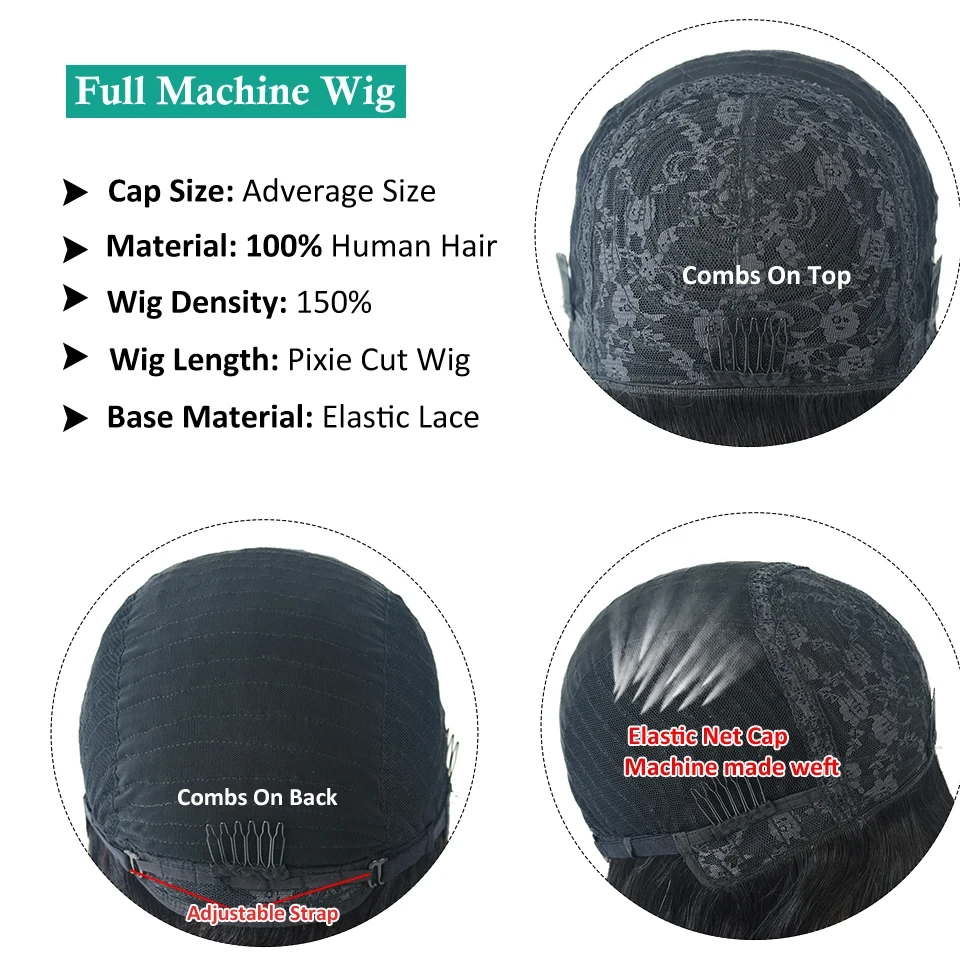 Human hair wigs Short Pixie Cut Wigs Full Machine Made Wig With Bangs Wavy Ready To Wear Wigs Straight Hair 100% Remy Human Hair For Women