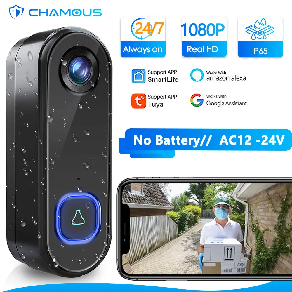 TUYA 비디오 초인종 WiFi 무선 야외 초인종 카메라 AC  전원 1080P 비디오 문 전화 방수 IP65 Alexa 구글 홈，비디오폰， 인터폰 초인종，무선 초인종