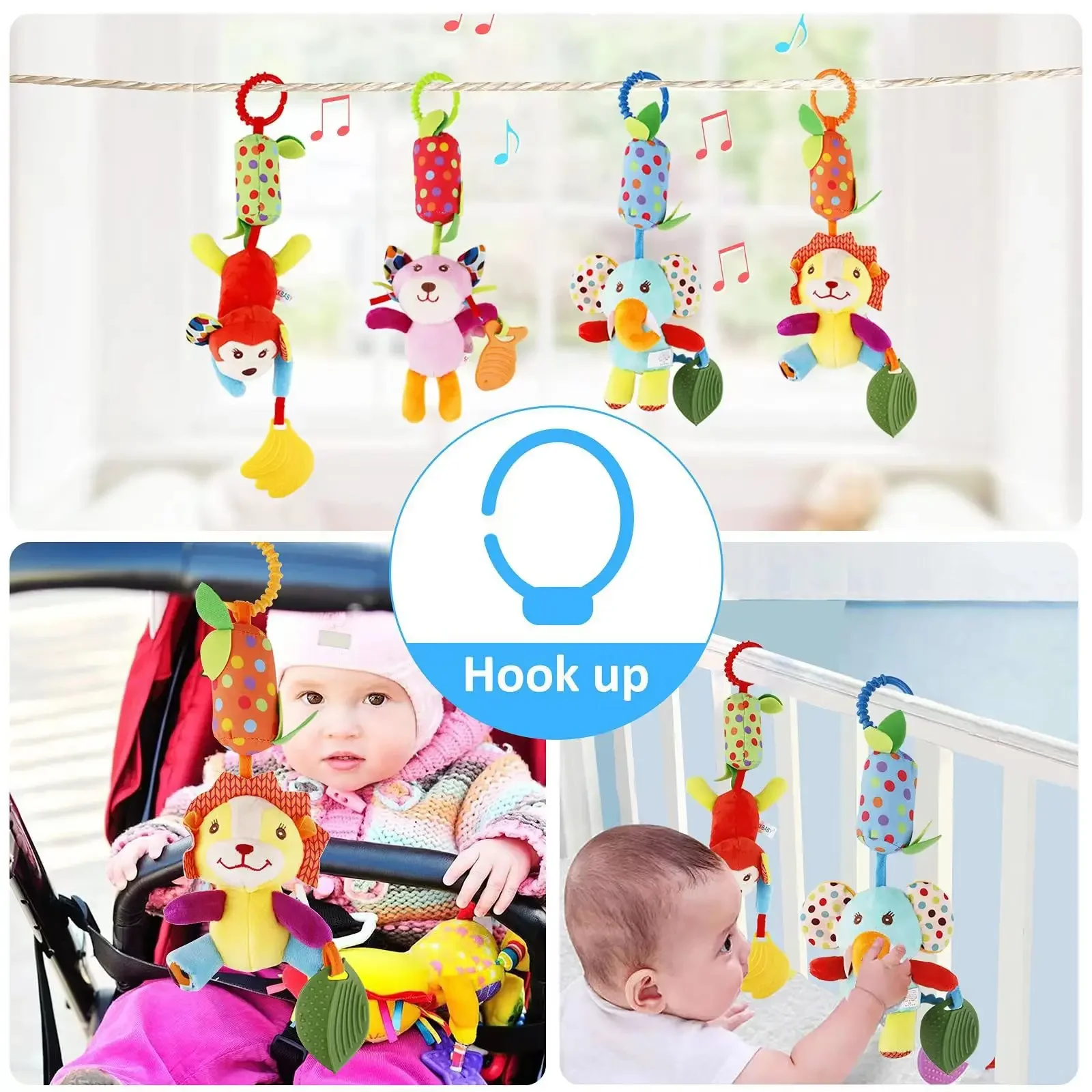 Baby Soft Hanging Rattle Crinkle Squeaky Toy Pendant Rings Plush Animal Stroller Infant Trolley Car Bed Crib Hanging Wind Chimes 2