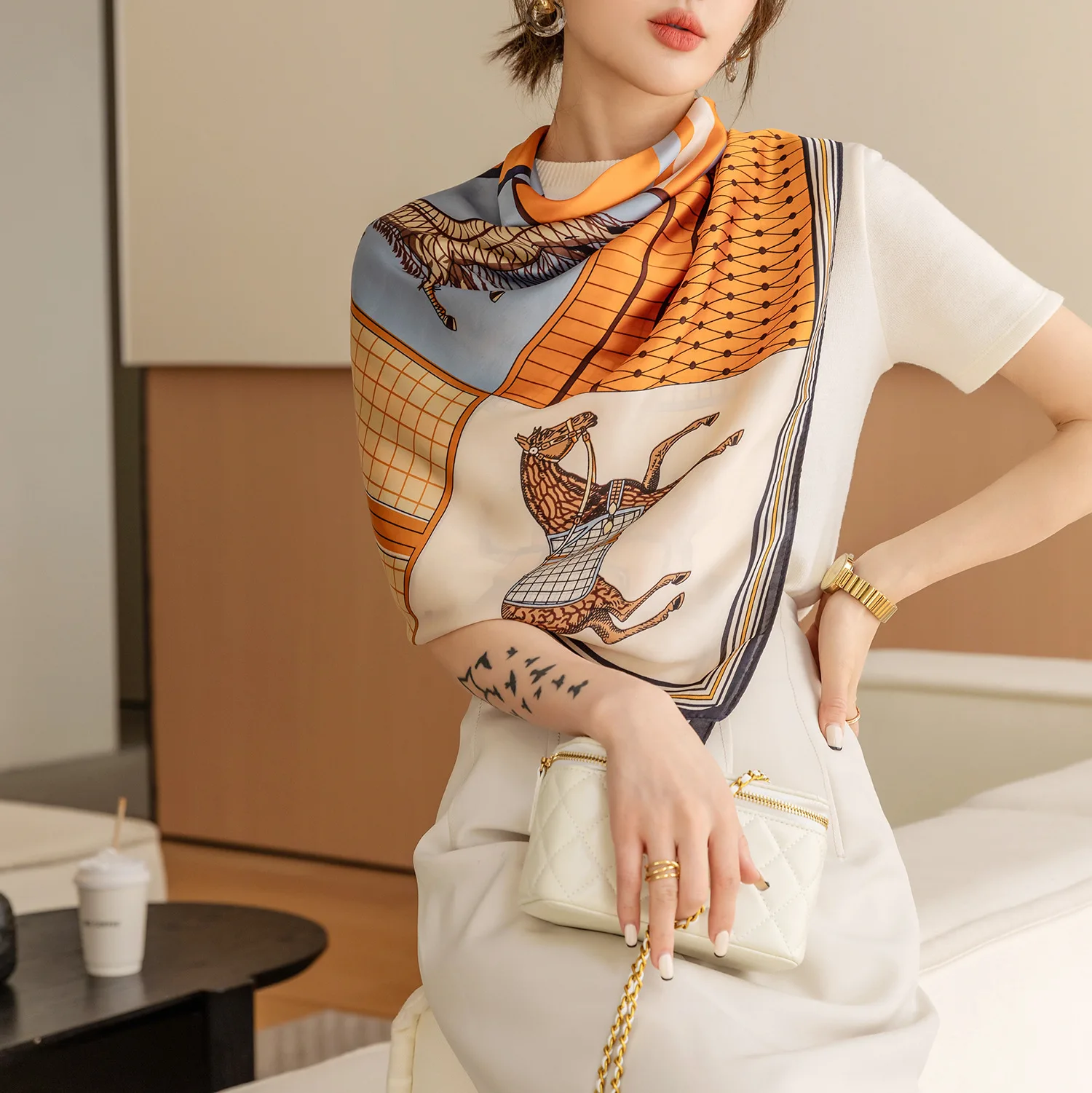 110*110cm New Lijin Forge Large Square Scarf Women's Fashion Printed Silk Scarf Travel Beach Sun Protection Shawl Headscarf