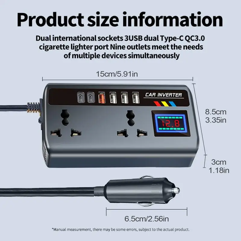 Car Inverter Outlet 12V/24V to 220V Car Converter for Plug Outlet Fast Charging Ports Portable Automotive Charger Inverter 3 USB