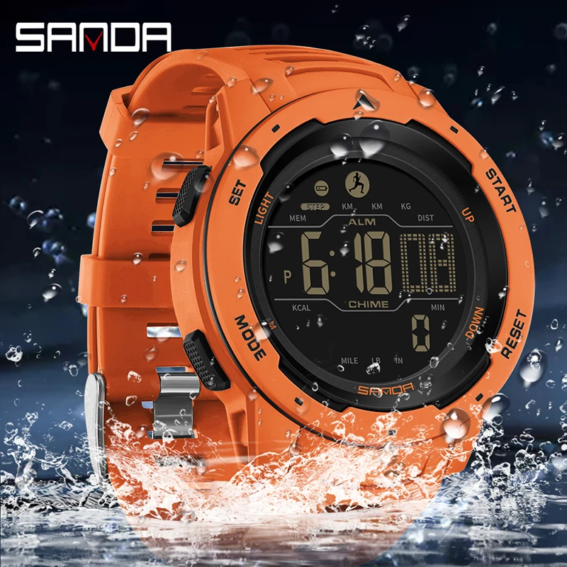 SANDA-reloj deportivo Digital para hombre, cronógrafo de lujo, con podómetro, calorías, resistente al agua hasta 50M, LED, pulsera de electrones