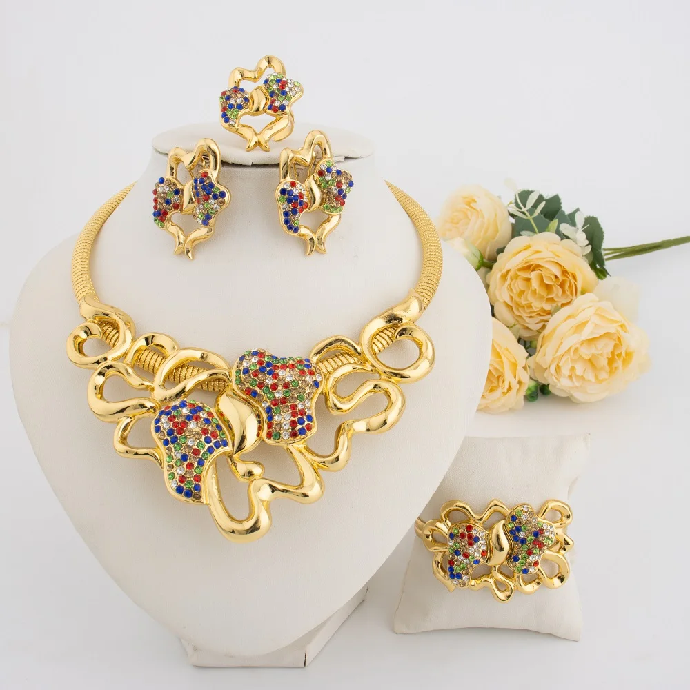 2309396-58c967.jpg S66bd146f8b9e4cfab5e734097c9dbbe9T Gold Plated Jewelry Set Women Luxurious Necklace Earrings Bracelet Ring 4pcs Bride Wedding Party Jewelry Set Gift Mallzona