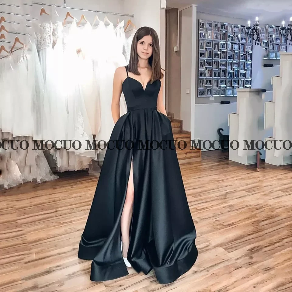 

Elegant Black Long Formal Evening Dresses Long Vestidos De Fiesta A-Line Sexy High Slit Satin Simple Prom Party Gowns
