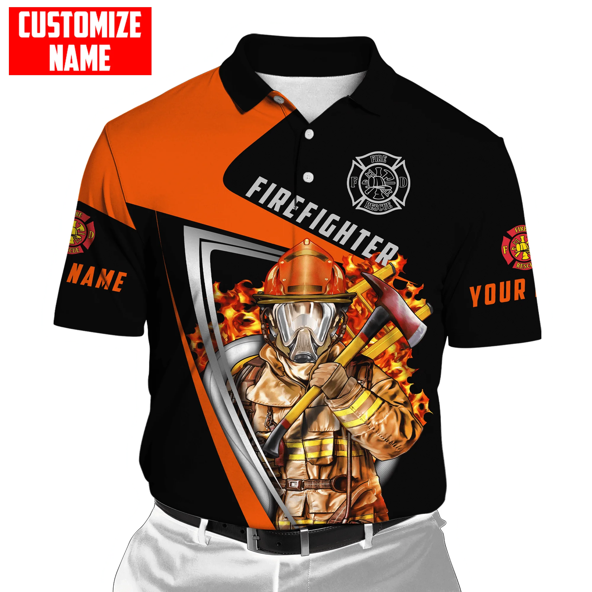 Personalisierter Name Brave Firefighter 3D-gedrucktes Herren-Poloshirt Sommer Kurzarm-T-Shirt Street Casual POLO-Shirt Tops WK10 – Detail 13