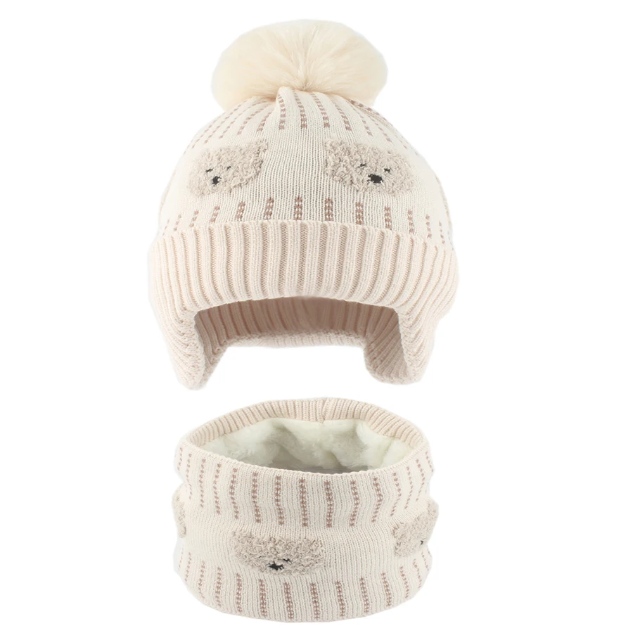 Baby Hat Scraf Set Cartoon Cute Bear Pompom Winter Softt Fleece lining Earflap Cap Children Outdoor Warm Knitted Beanies Kids