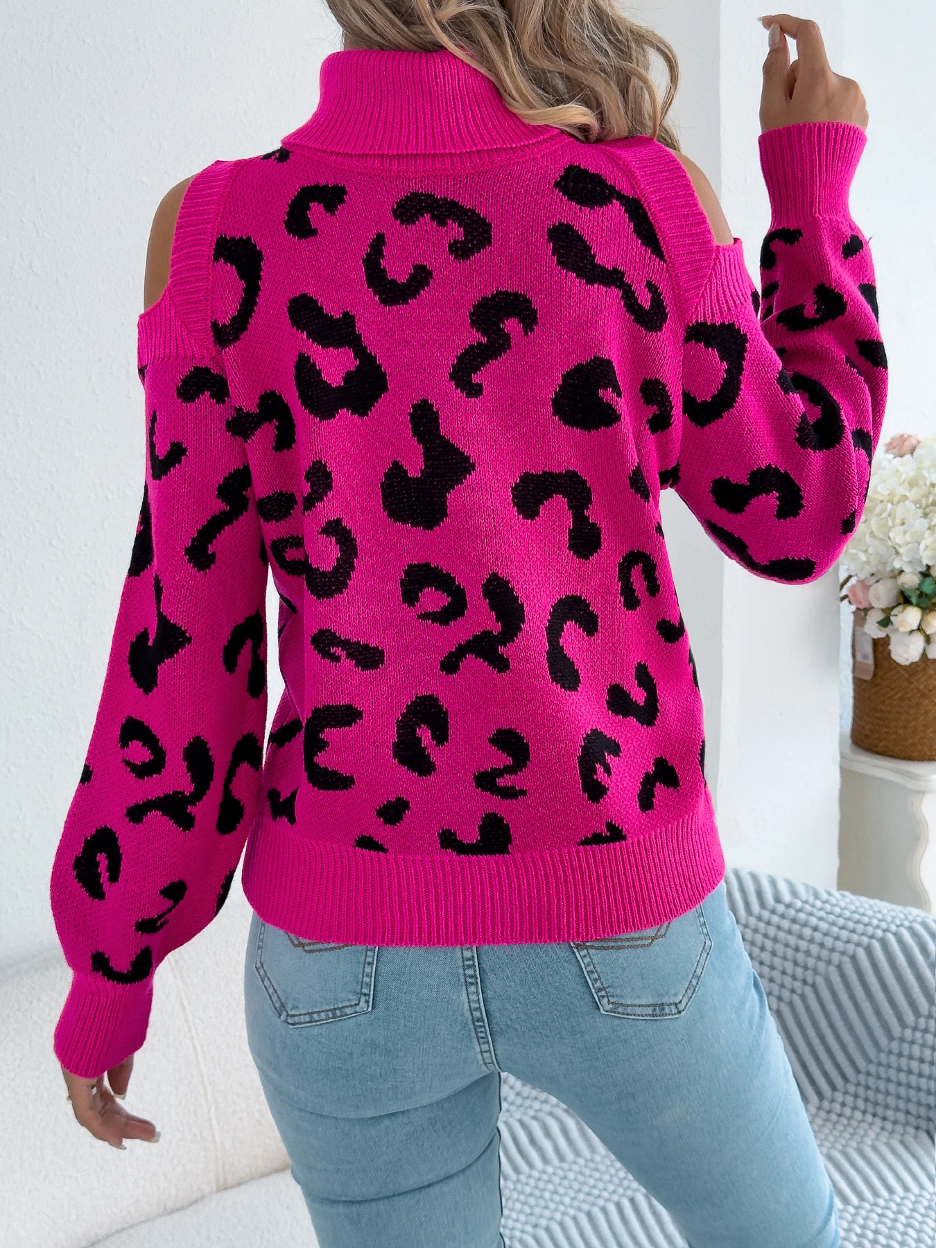 Women Off Shoulder Leopard Knitted Sweater