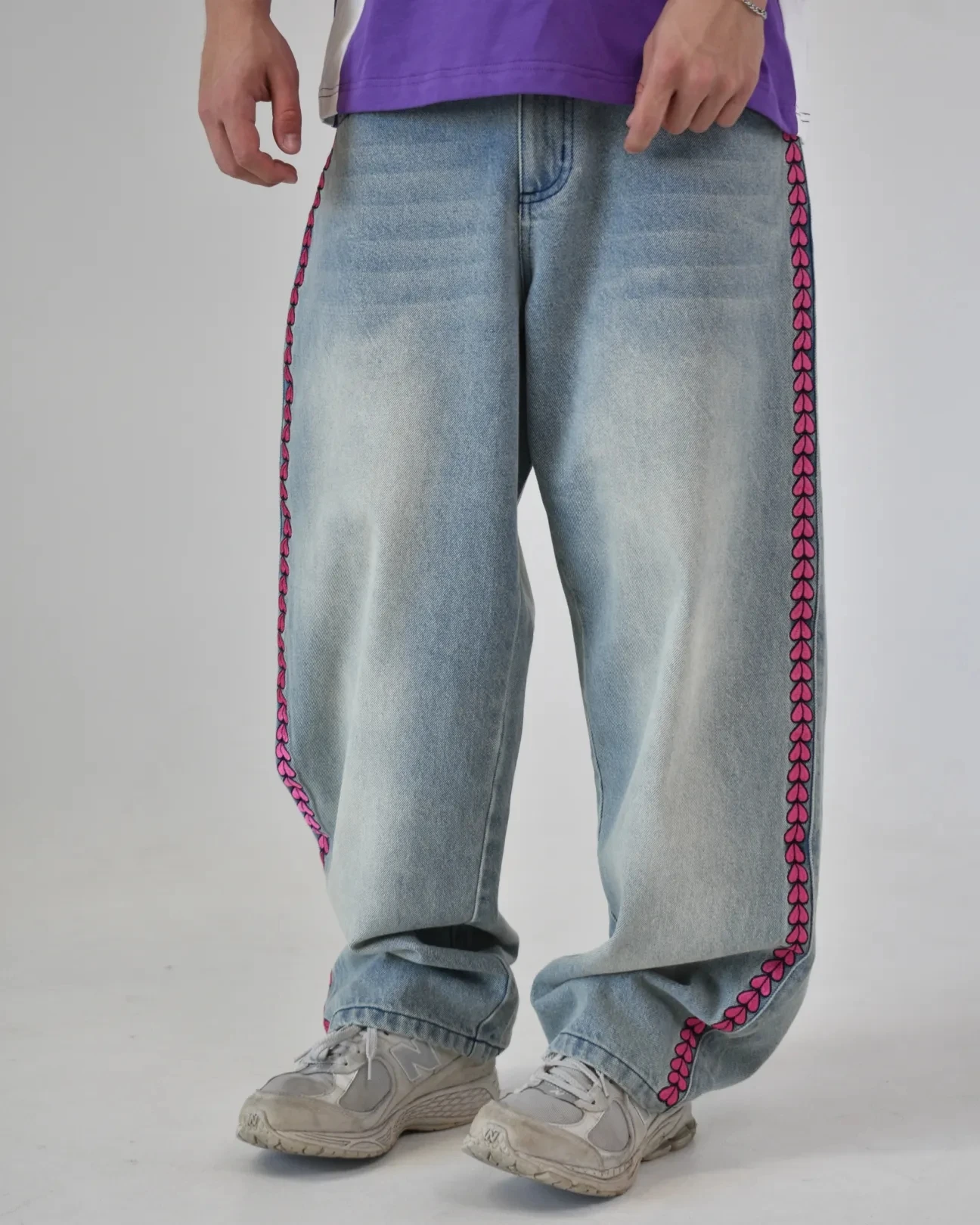 Y2K Men D4C JoJo High Waist Baggy Jeans Women Pink Heart Side Embroidery Loose Fit Washed Denim Pants Streetwear Wide Leg Pants 2