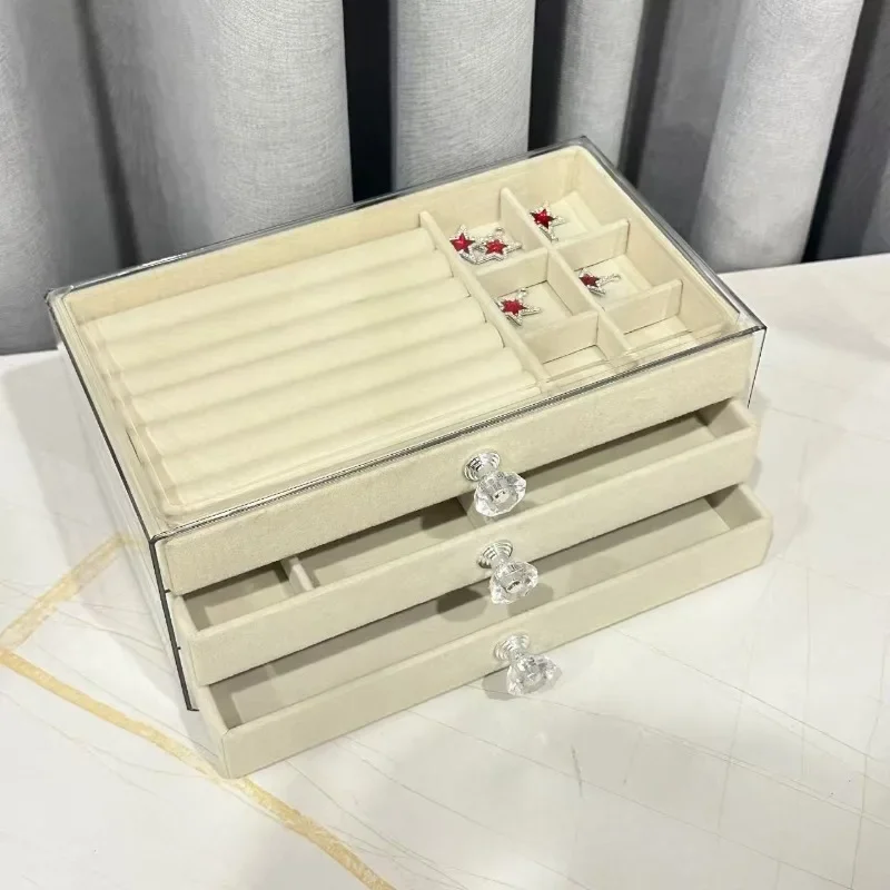 Home Desktop Three-Drawer Acrylic Velvet Jewelry Organizer, Suitable for Earrings, Necklaces, and Bracelets