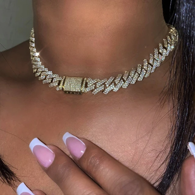 Silver Cuban Link Necklace Women | Cuban Link Choker Necklace Women -  Crystal 14mm - Aliexpress