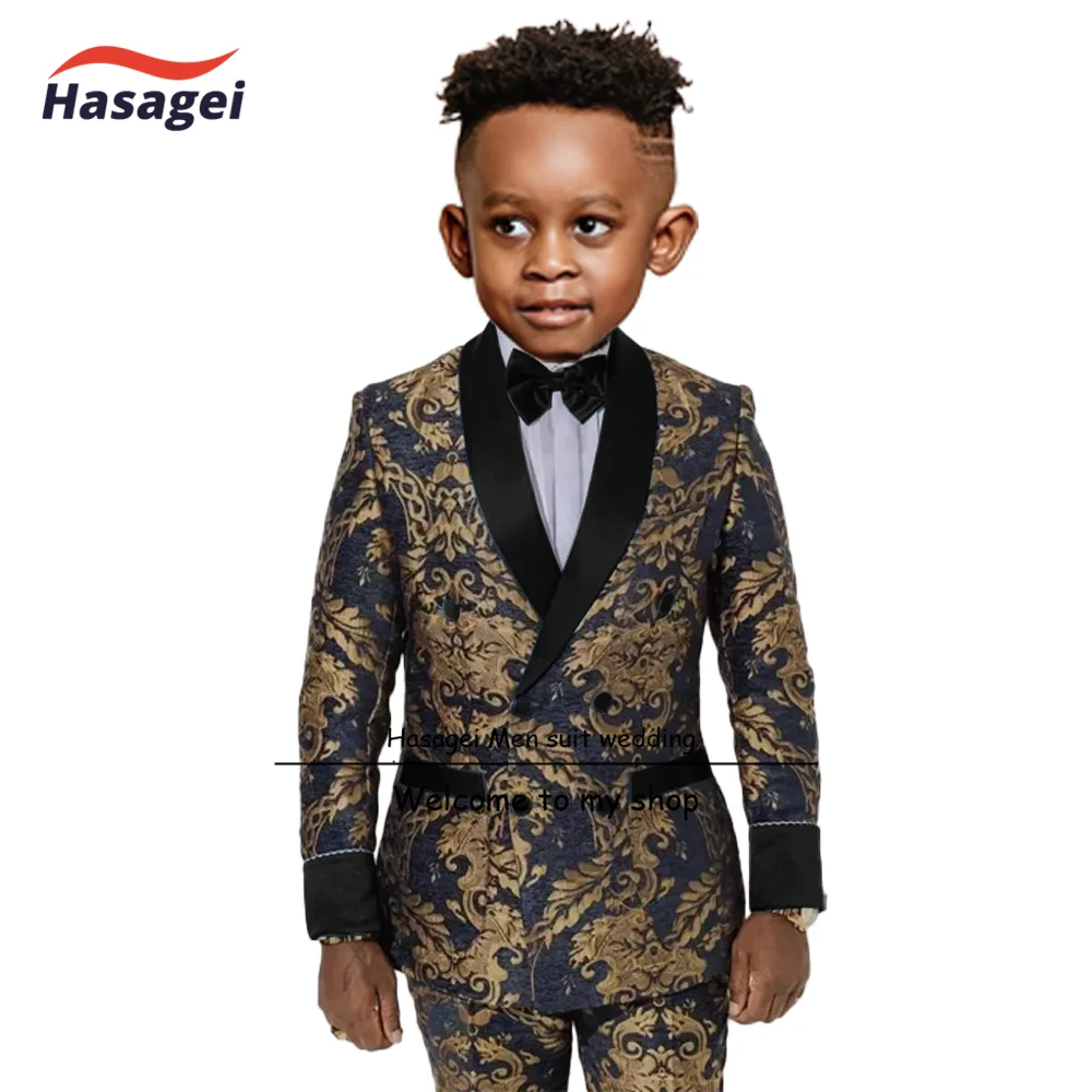 Gold pattern kids suit 2 piece double breasted blazer for boys wedding tuxedo jacket pants formal clothes 2-16 years old