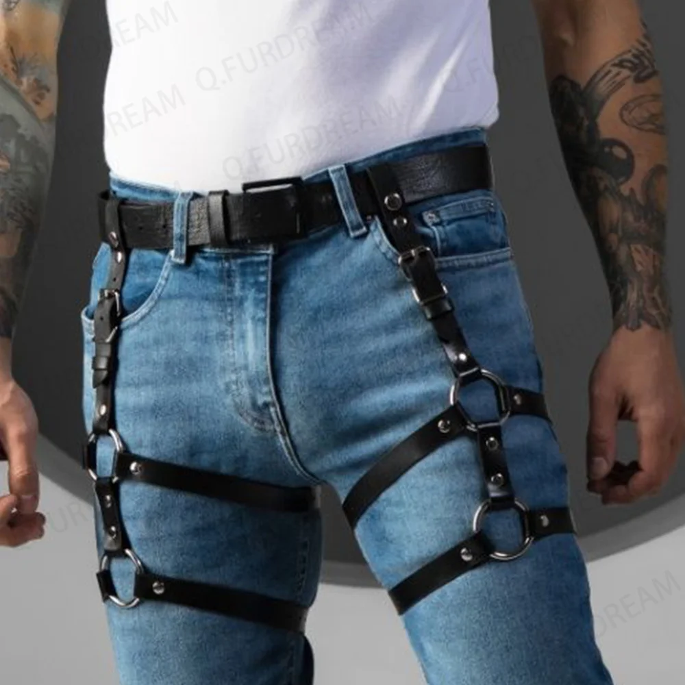 Sexy Leather Leg Harness Man Punk Style Thigh Harness Fetish Bondage Lingerie Waist To Leg Rave Festival Clothes Accessories leather chest harness