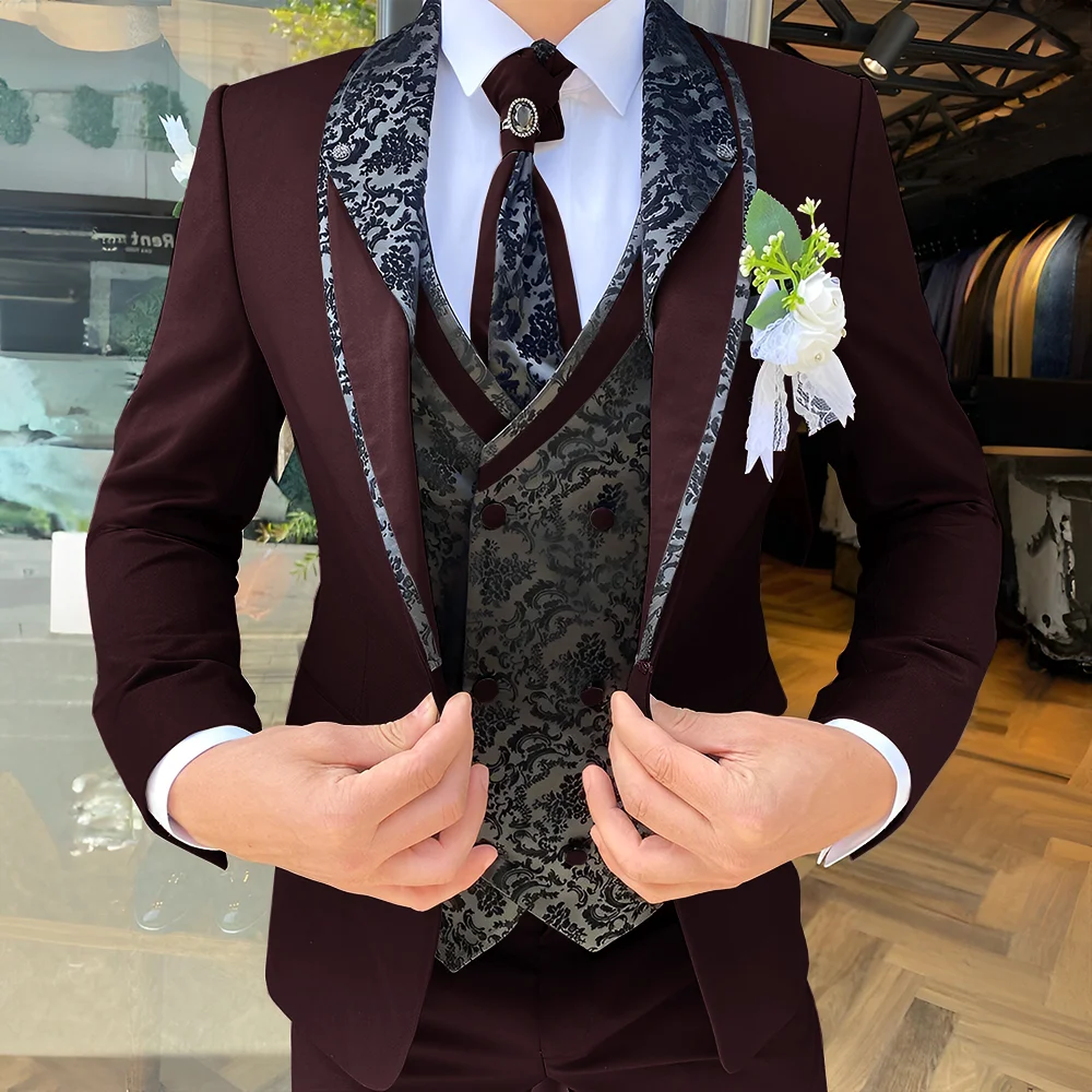 Handsome Men's Suit 3-piece Elegant Groom Wedding Tuxedo Jacket Pants Vest Customized Formal Blazer for Male 6