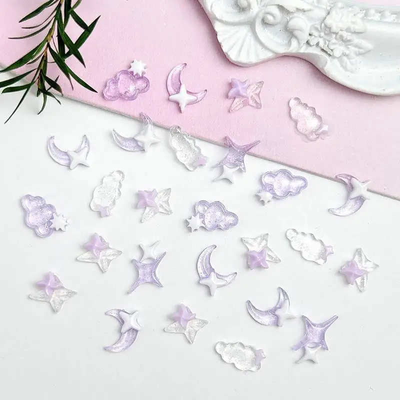 50pcs Transparent Luminous Resin Four-pointed Star Nail Charms with Purple Sparkling Moon Cloud Nail Art Decoration DIY Manicure