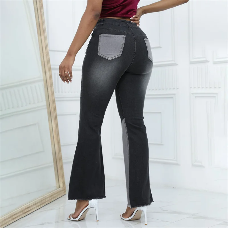 Women High Waist Color Contrast Patchwork Flared Jeans Comfortable Casual Commuter Wide Leg Denim Pants Female Stretch Trousers