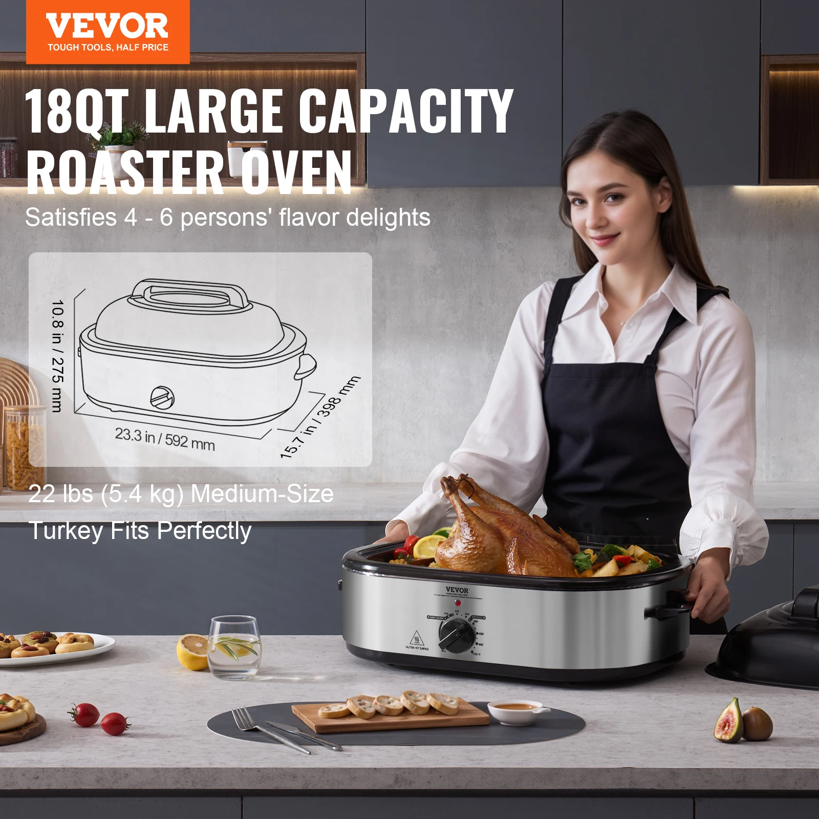 VEVOR Electric Roaster Oven 18QT Turkey Roaster Oven with Self-Basting Lid 1450W with Defrost & Warm Function 22LBS