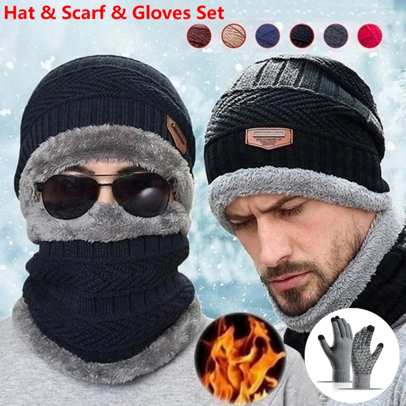 3-piece Set Winter Warm Velvet Hat Scarf Gloves Set Winter Hats Knit Cap Men And Women Velvet Hat Coral Fleece Scarf Outdoor
