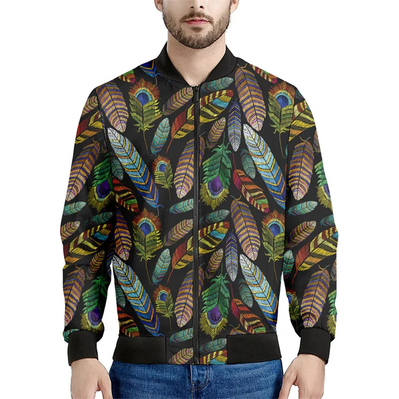 thumbnail image 1 of Chaquetas con estampado de plumas bohemias para hombre, sudadera de manga larga con estampado 3D retro, chaqueta bomber de calle de gran tamaño con cremallera, 1 of 5