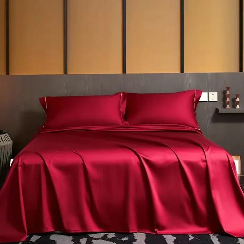 Summer Luxury Satin Silk-like Bed Sheet Set (Flat Sheet + Fitted Sheet + Pillowcase) Solid Color Mattress Cover Twin Full Queen 1