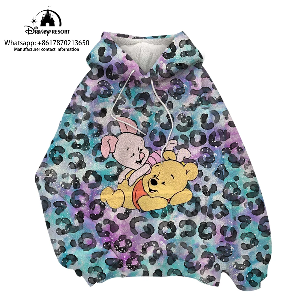 

Kids Hooded Plush Sweatshirt Winnie the Pooh Cartoon Disney Winter 2023 New Round Neck Ladies Leopard Print Hoodie