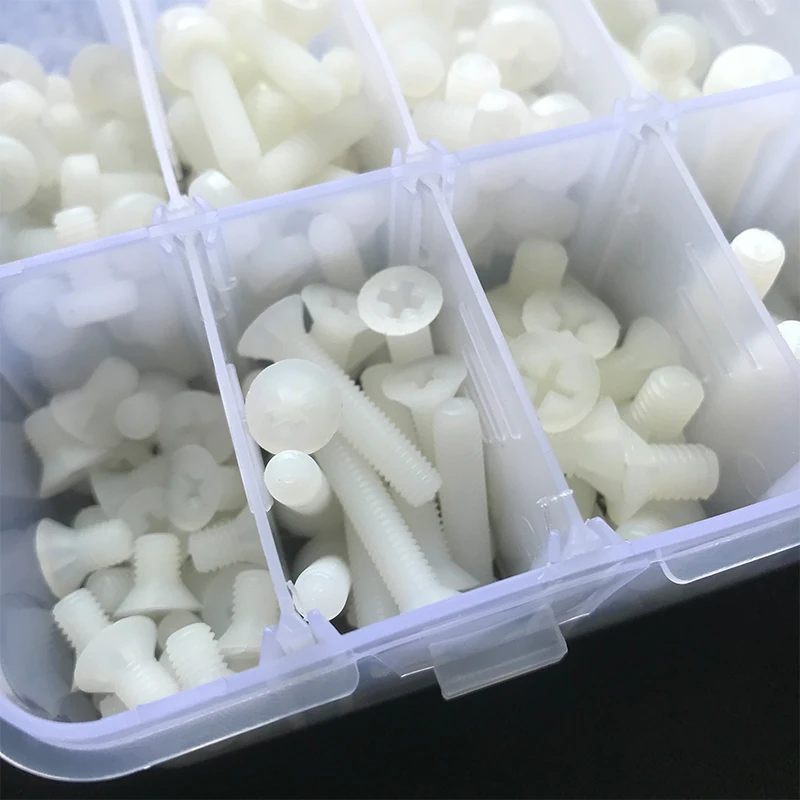 1275pcs White Nylon Screw Nut Washer Set M2 M2.5 M3 M4 M5 M6 Nylon Countersunk Round Head Cross Screw Plastic Phillips Flat Head